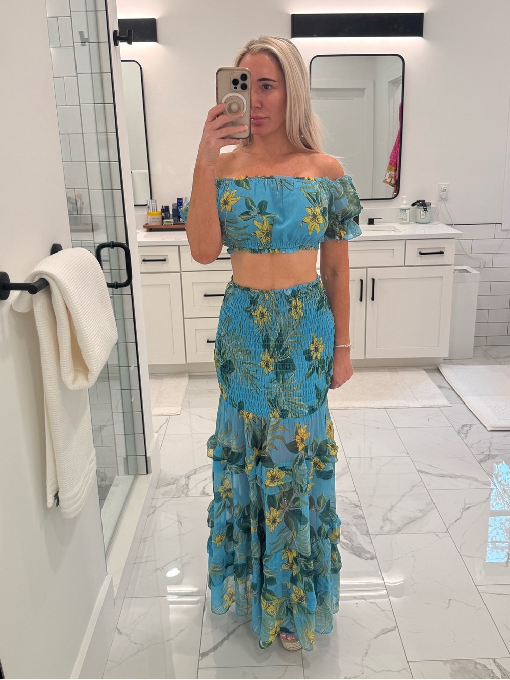 NWT Hot Miami Styles Blue Floral Off Shoulder Smocked Maxi Skirt Set